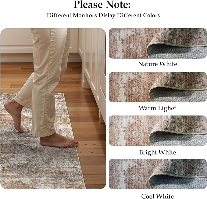 3x15 Washable Kitchen Runner Rug: Modern Abstract Runners for Hallway Soft Non Slip Rugs with Rubber Backing Low Pile Thin Waterproof Floor Carpet for Entryway Bedroom Bathroom Indoor 3x15 Brown/Brick