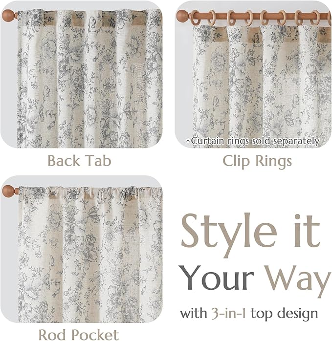 jinchan Linen Blend Curtain Floral Curtains for Living Room 108 Inch Length Grey Printed Curtain Rod Pocket Back Tab Farmhouse Peony Flower Patterned Drapes Bedroom Window Curtains Set 2 Panels