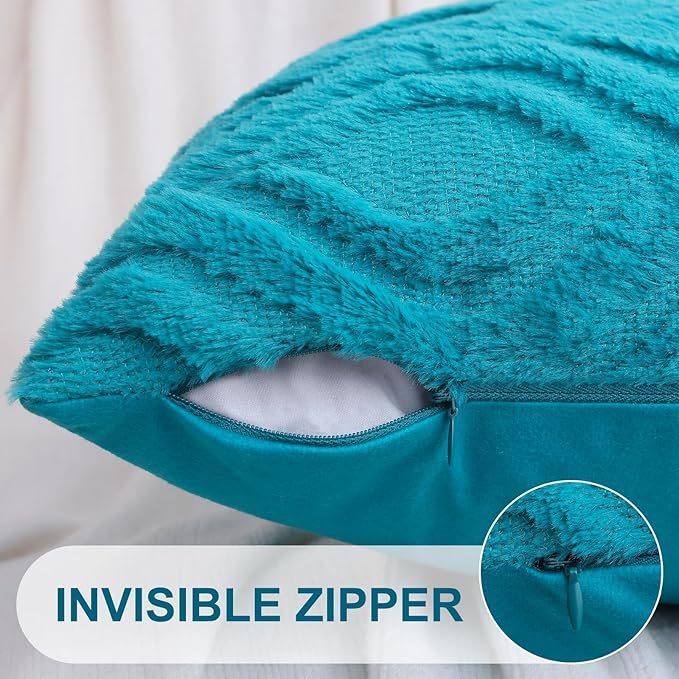 decorUhome Summer Throw Pillow Covers 22x22 Inch Set of 2, Soft Plush Faux Wool Teal Solid Couch Pillow Covers, Accent Euro Sham Farmhouse Neutral Square Pillow Cases for Sofa Bed Living Room