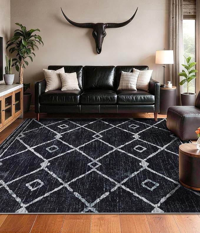 YIHOUSE Moroccan Rugs for Living Room, 8x10 Black and White Aztec Area Rug, Western Geometric Soft Low-Pile Washable Rugs for Bedroom, Dining Room