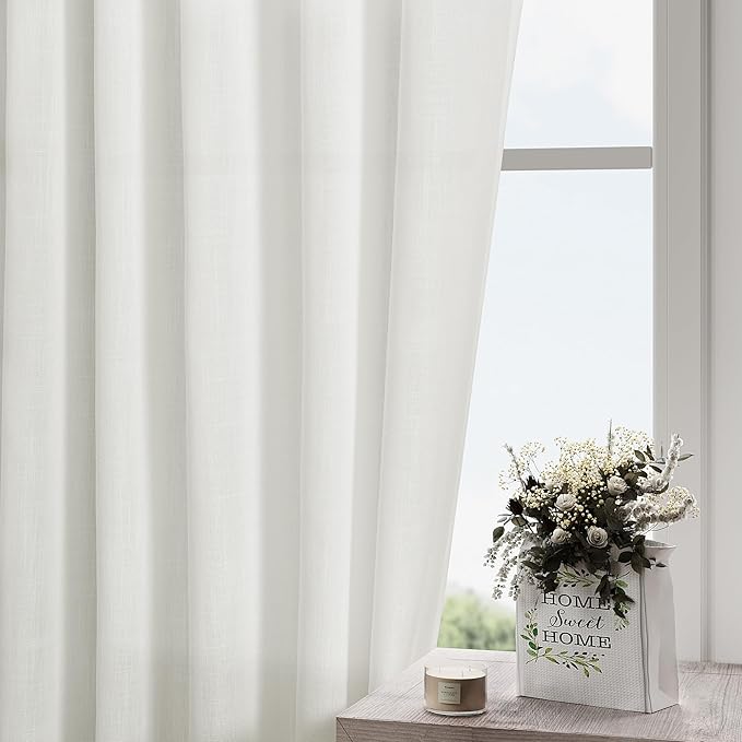 Nanspring Ivory Curtains 80 Inches Length for Living Room Back Tab Rod Pocket Semi Sheer Linen Drapes Muted Neutral Boho Off White Linen Textured Window Curtain for Dining Room 52X80 Inches