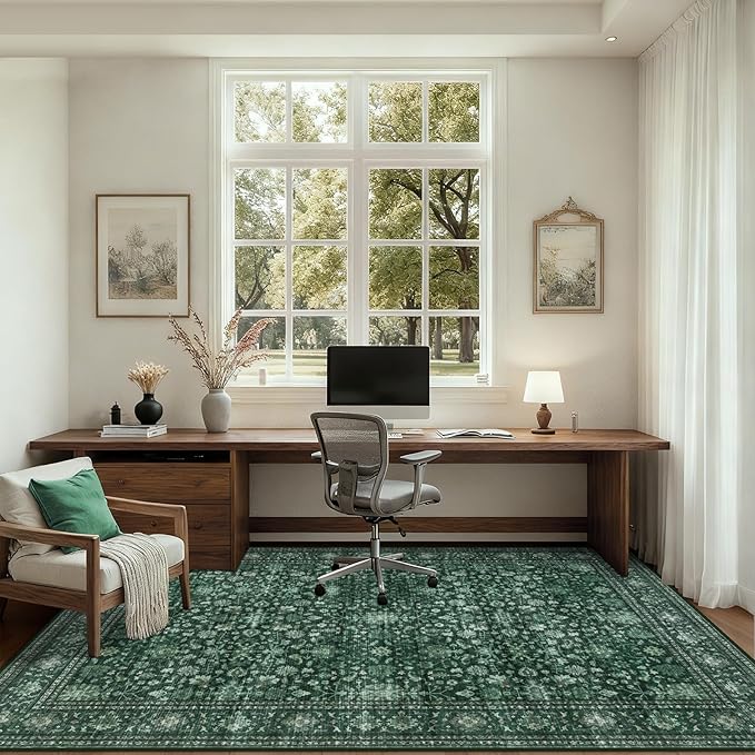 5x7 Area Rugs Living Room Rug: Washable Vintage Distressed Floral Rug No Slip Stain Resistant Soft Carpet Indoor Large Carpets for Bedroom Dining Room Farmhouse Nursery Hallway Home Office Deep Green