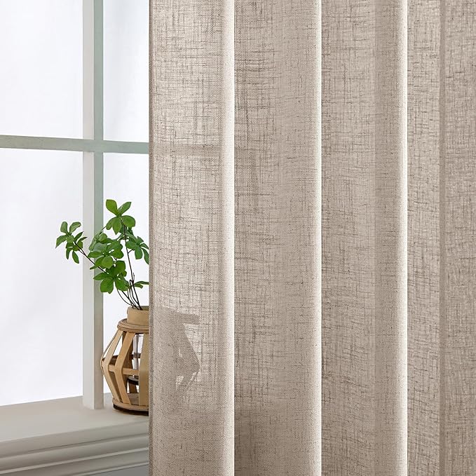 MIULEE Natural Linen Curtains 63 Inch Length 2 Panels for Bedroom Living Room, Soft Linen Textured Window Drapes Semi Sheer Light Filtering Back Tab Rod Pocket Farmhouse Modern Burlap Look Decor