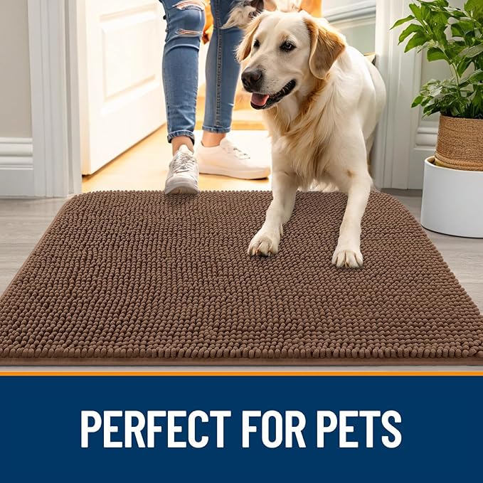 OLANLY Dog Door Mat for Muddy Paws 47x20, Absorbs Moisture and Dirt, Absorbent Non-Slip Washable Doormat, Quick Dry Chenille Mud Mat for Dogs, Entry Indoor Entryway Carpet for Inside Floor, Mocha