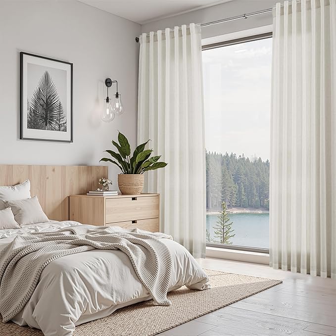 Nanspring Mousse White Linen Curtains 84 Inches Long for Living Room Light Filtering Semi Sheer Curtain Back Tab Simple Modern Elegant Luxury Coastal Decor Drapes for Bedroom Office 52x84,2 Panels