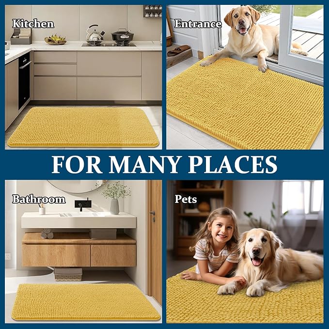 OLANLY Dog Door Mat for Muddy Paws 59x32, Absorbs Moisture and Dirt, Absorbent Non-Slip Washable Doormat, Quick Dry Chenille Mud Mat for Dogs, Entry Indoor Entryway Carpet for Inside Floor, Yellow