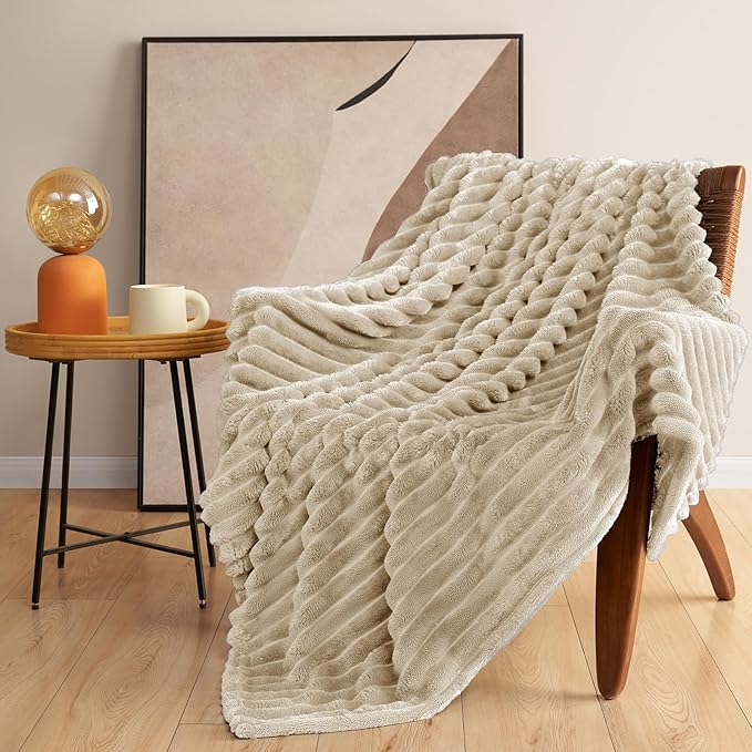 HIMEET Linen Ribbed Throw Blanket for Couch - 300GSM Lightweight Soft Fleece Blanket for Women, Cozy Blankets for Mothers Gifts, Striped Spring Home Room Decor, Linen, 50x60 Inches