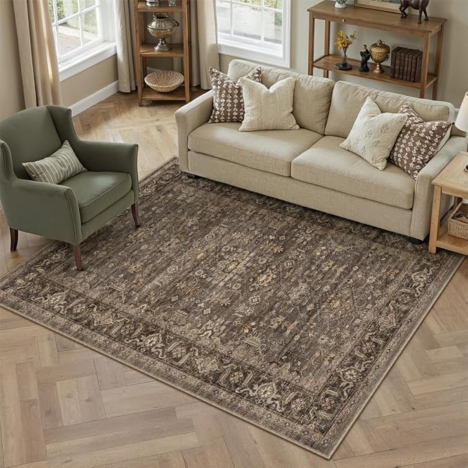3x5 Washable Area Rug for Entryway Vintage Brown Non Slip Low Pile Carpet Traditional Retro Soft Throw Rug for Entrance Bathroom Door Mat Indoor Dorm Dining Room