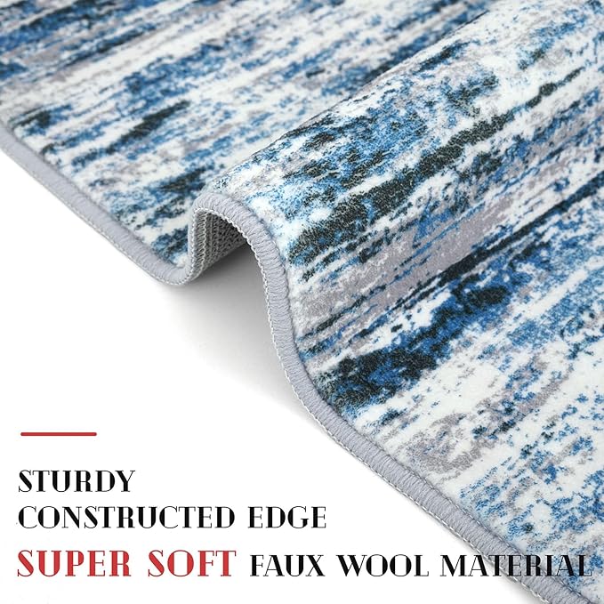 Lansny Modern Abstract 6x9 Machine Washable Living Room Rug Non-Slip Soft Bedroom Area Rug Grey Blue White Thin Print Faux Wool Floor Carpet Throw Rugs for Nursery Playroom Dining Room Indoor