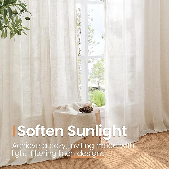 BGment Oatmeal Linen Curtains 63 Inches Long for Bedroom Windows, Sheer Drapes Lightweight Rustic Country Textured for Farmhouse Living Room Decor Rod Pocket, 2 Panels Set, Each 42 Inch Wide