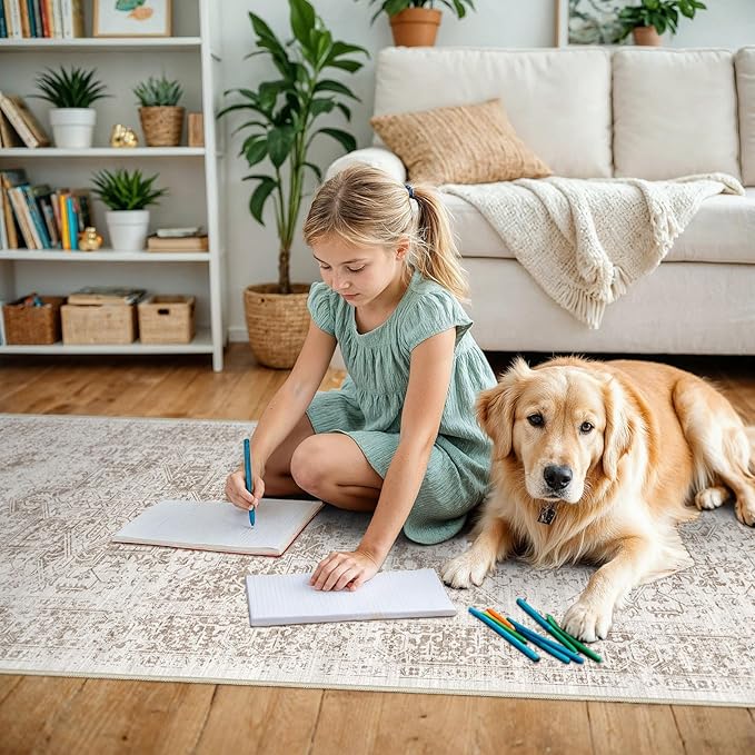 3x6 Washable Hallway Runner Rug - Non Slip Kitchen Runner Rugs with Rubber Backing Vintage Low-Pile Carpet Runners for Entryway Dining Room Laundry Room Home Decor (Cream/Camel)
