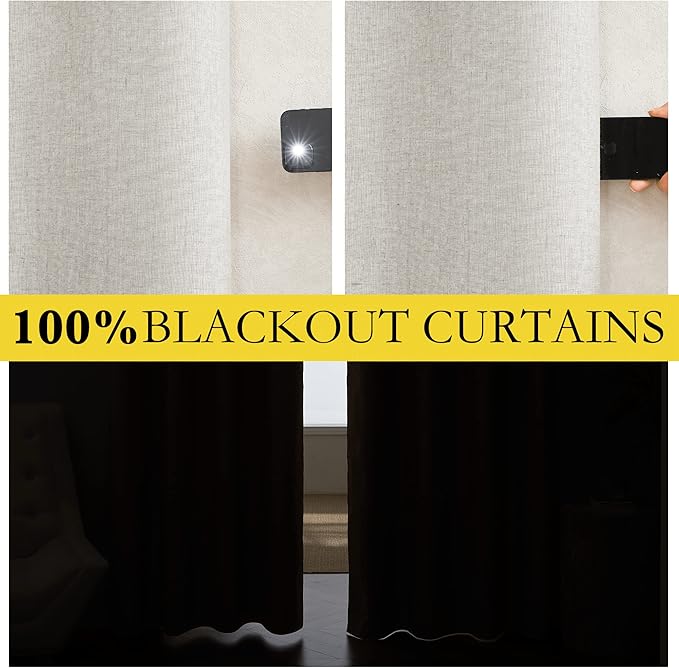 NICETOWN Linen Blackout Curtains for Kitchen, Ivory, 2 Panels, 34" Wide x 60" Long, Short Kitchen Burlap Linen 100% Blackout Drape Panels for Night Shift, Great Job for Blocking Light