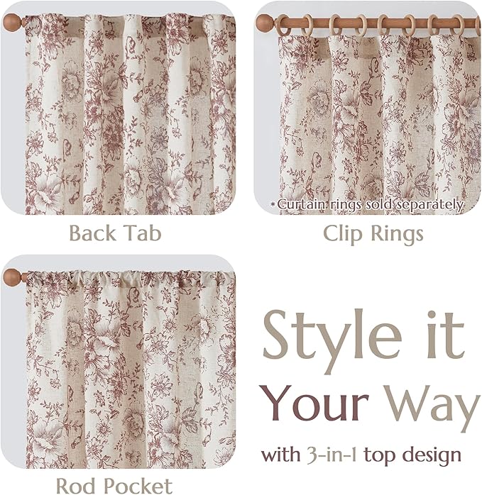 jinchan Linen Blend Curtain Floral Curtains for Living Room 84 Inch Length Farmhouse Brick Red Printed Curtain Rod Pocket Back Tab Peony Flower Patterned Drapes Curtains Set 2 Panels