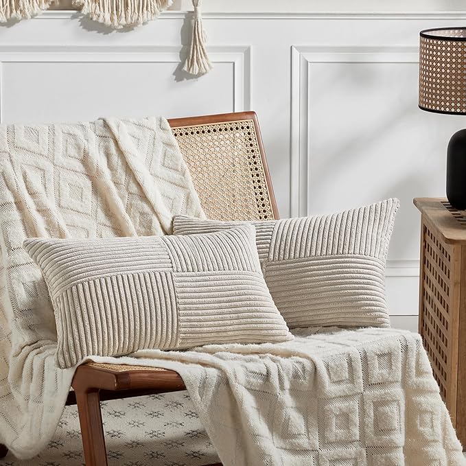 Fancy Homi 2 Packs Neutral Taupe Lumbar Decorative Throw Pillow Covers 12x20 Inch for Living Room Couch Bed Sofa, Farmhouse Home Decor, Soft Striped Corduroy Rectangle Accent Cushion Case 30x50 cm