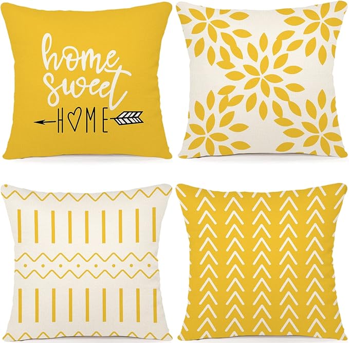 YCOLL Pillow Covers 22x22 Set of 4, Modern Sofa Throw Pillow Cover, Decorative Outdoor Linen Fabric Pillow Case for Couch Bed Car, Yellow