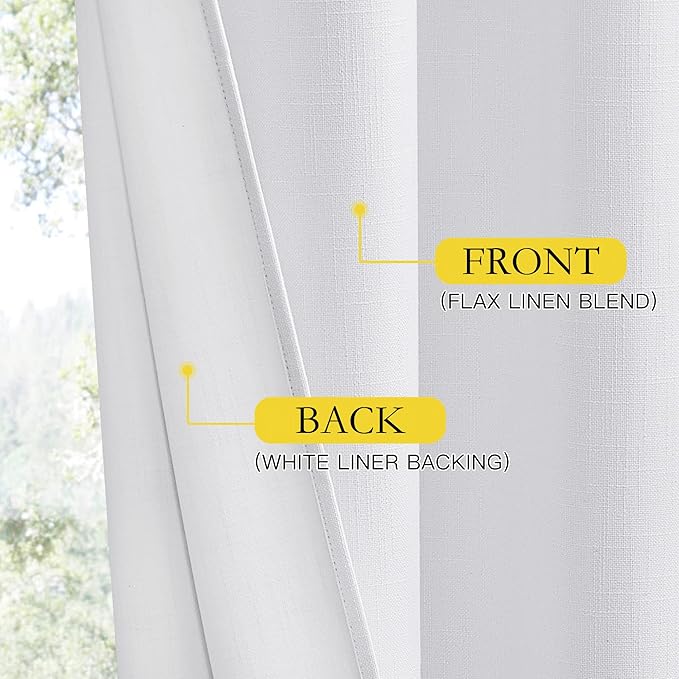 NICETOWN 100% Absolutely Blackout Linen Curtains with Thermal Insulated White Liner, White, 52" Wide, Long Curtains 95" Long 2 Panels Set for Living Room, Thermal Insulated Privacy Drapes for Bedroom