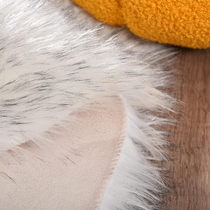 Goolela Round Fluffy Rug 3ft White with Grey Tips Circle Faux Sheepskin Fur Rug for Bedroom Living Room Fuzzy Furry Small Décor Washable