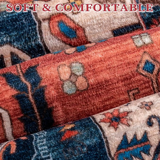 SERISSA 4ft Round Area Rug, Washable Non-Slip Boho Circle Rug, Ultra Soft Oriental Vintage Rust Low-Pile Small Circular Carpet for Bedroom Entryway Kids Room Office College Dorm Living Room