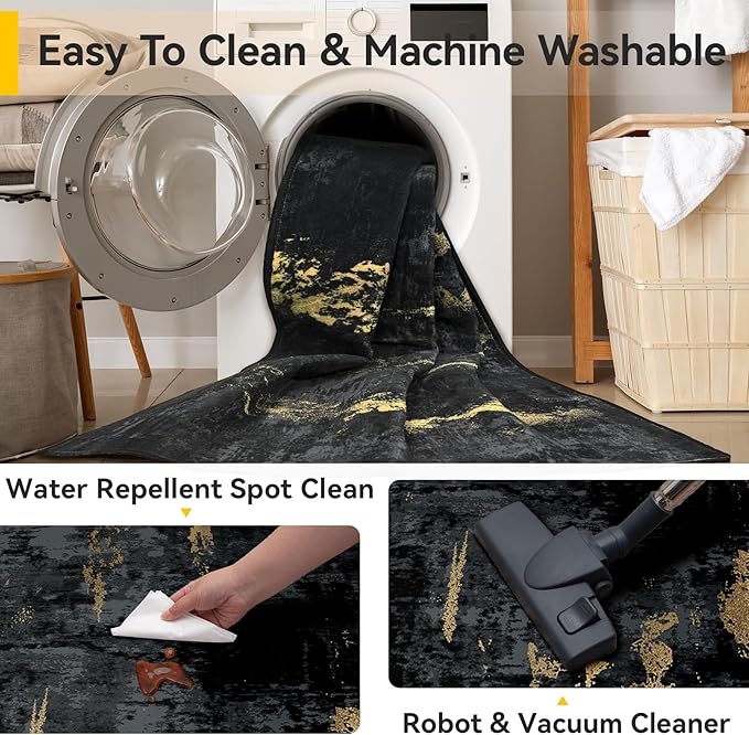 Washable Area Rugs 2'6''x8 Non-Slip Modern Abstract Soft for Living Room Entryway Bedroom Nursery, Print Pattern, Dark Black Gold