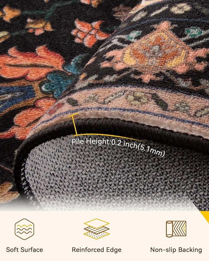 Area Rugs 2'x8' Runner Rug Non Slip Washable for Kitchen Hallway Bedroom Beside Laundry Room Bathroom Rug, Floor Carpet, Black Colorful Floral Dark Tan