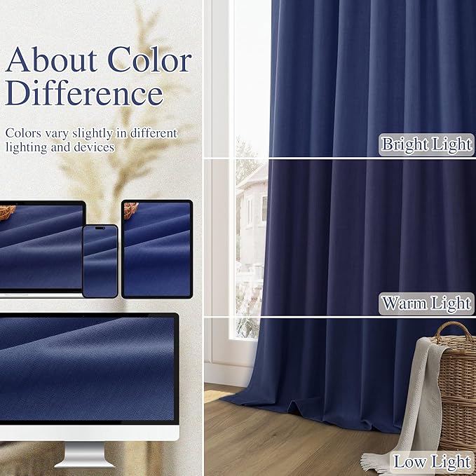 Guken 100% Blackout Curtains 102 Inch Length 2 Panels Set for Living Room Bedroom Back Tab Thermal Insulated Black Out Linen Drapes Room Darkening Window Curtains 102 Inches Long,Classic Blue
