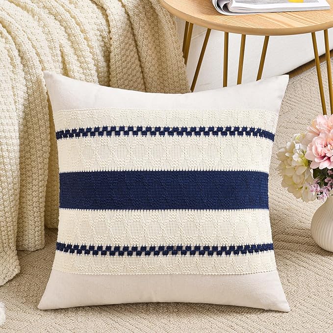 Fancy Homi Set of 1 Navy Blue Big Decorative Throw Pillow Covers 24x24 Inch for Couch Bed Sofa Living Room, Aesthetic Modern Organic Farmhouse Home Decor, Soft Cotton Woven Textured Cushion Case