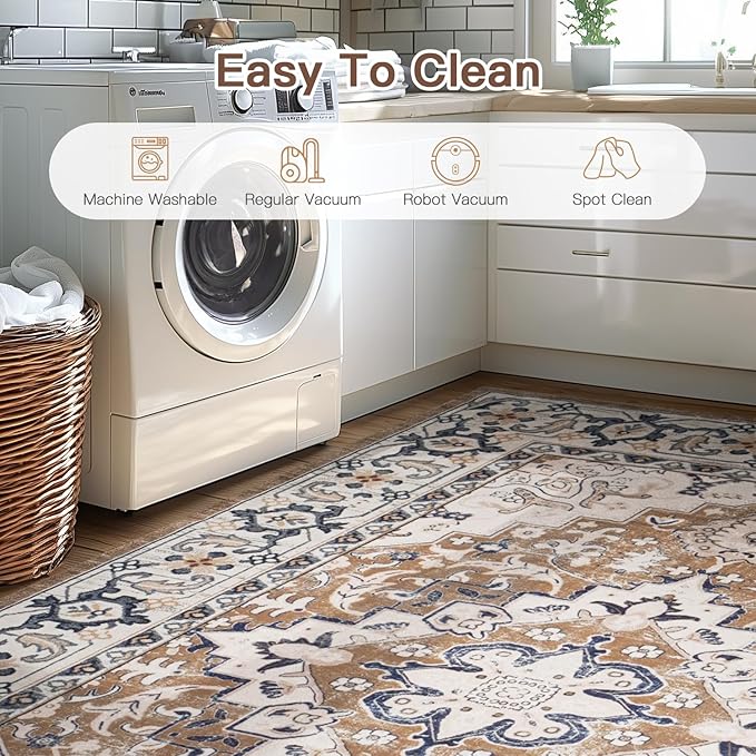 Lofus 6ft Area Rugs for Living Room, Washable Area Rug, Rugs for Bedroom, Kitchen, Vintage Boho Carpet, Soft Non-Slip, Low Pile Large Area Rug for Office Dining Room, Floral Brown