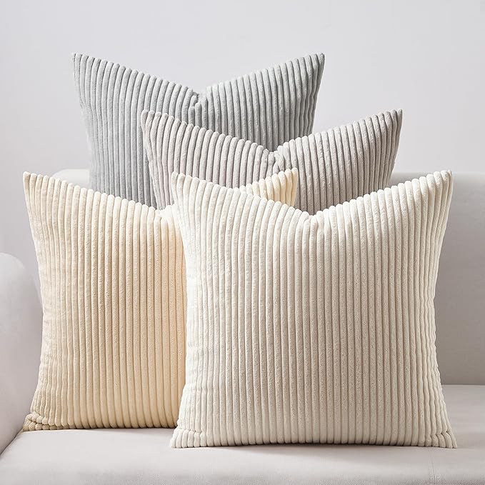 Topfinel 4 Packs Neutral Decorative Throw Pillows Covers 20x20 Inch for Living Room Couch Bed Sofa, Rustic Farmhouse Boho Neutral Home Decor, Soft Plush Striped Corduroy Square Cushion Case 50x50 cm