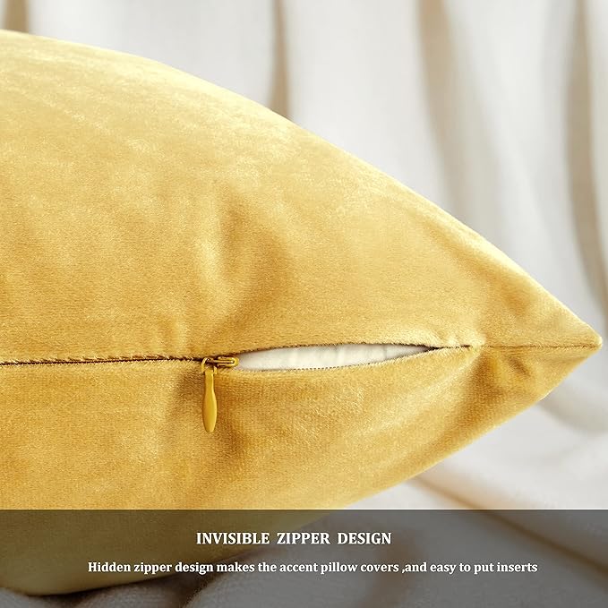 GIGIZAZA Yellow Velvet Decorative Throw Pillow Covers 20x20 inch for Sofa Bed 2 Pack Soft Cushion Cover