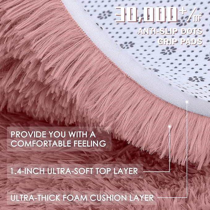 OLANLY Pale Pink Round Rugs for Bedroom - Machine Washable, 9 ft Circle Area Rugs for Living Room, Soft and Fluffy Shaggy Carpet for Teen Girls and Boys, Nursery Rooms, Dorms, Home Decor Aesthetic