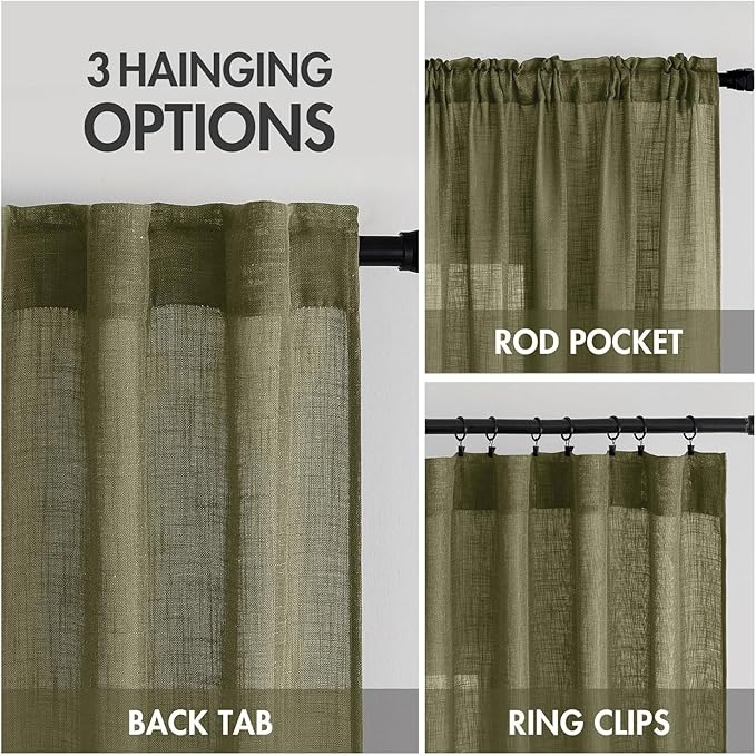 MIULEE Light Olive Green Linen Curtains 63 Inch Length 2 Panels for Bedroom Living Room, Soft Linen Textured Natural Kitchen Window Drapes Semi Sheer Light Filtering Back Tab Rod Pocket Burlap Look