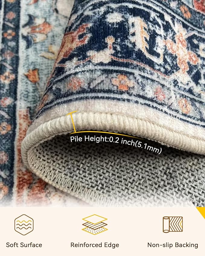 Area Rugs 2'x5' Runner Rug Non Slip Washable for Kitchen Hallway Bedroom Beside Laundry Room Bathroom Rug, Floor Carpet, Beige Navy Blue Orange Colorful