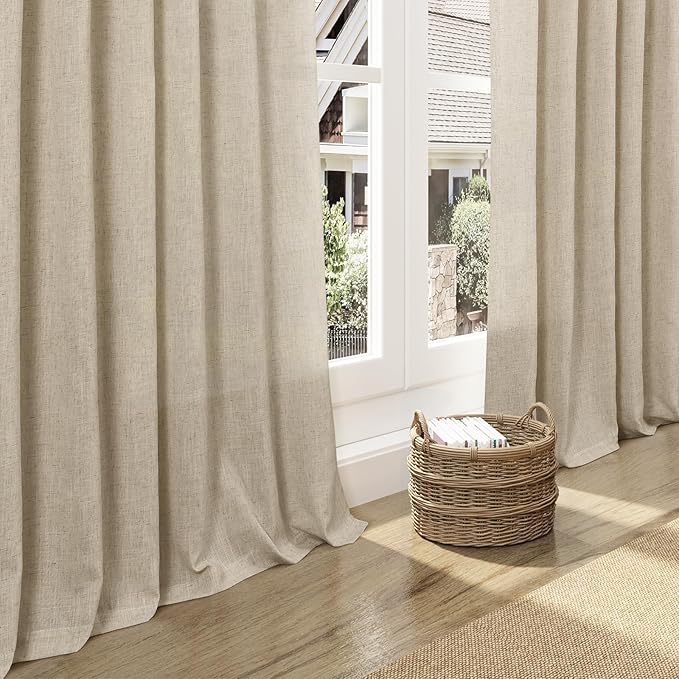 Nanspring Eggshell Beige Linen Curtains 96 Inches Long for Living Room Rustic Luxury Light Filtering Semi Sheer Curtain Back Tab Neutral Coastal Decor Drapes for Bedroom Office 52x96, 2 Panels