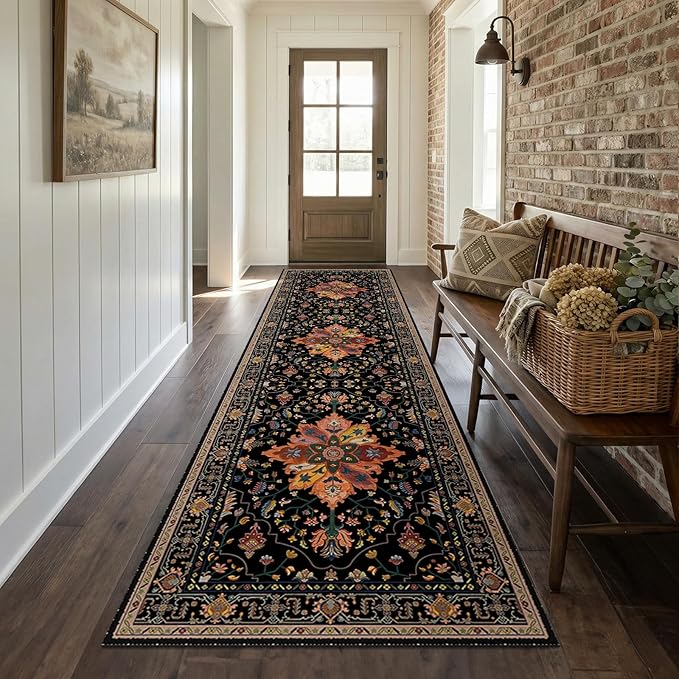 Area Rugs 2'x10' Runner Rug Non Slip Washable for Kitchen Hallway Bedroom Beside Laundry Room Bathroom Rug, Floor Carpet, Black Colorful Floral Dark Tan