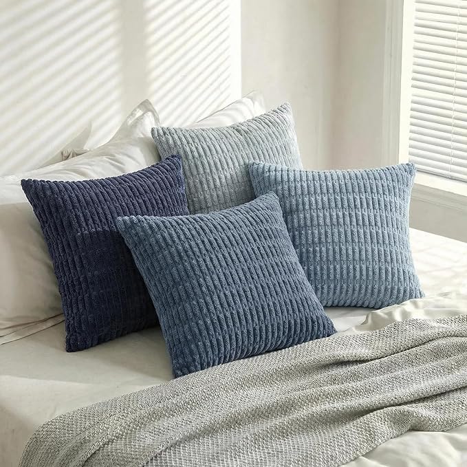 Fancy Homi Set of 4 Blue Boho Decorative Throw Pillow Covers 24x24 Inch for Couch Bed Sofa, Aesthetic Modern Bohemian Room Decor, Soft Fuzzy Fluffy Cozy Corduroy Coastal Blue Cushion Case 60x60cm