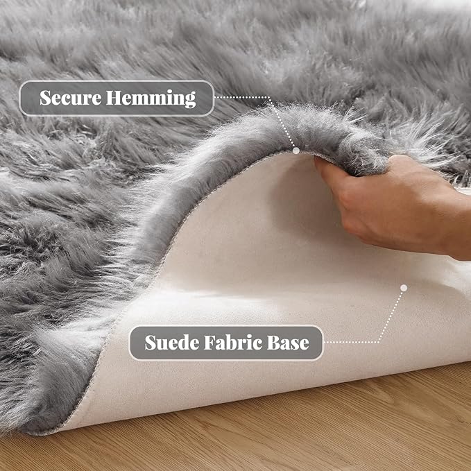 ORINOVA Light Grey Furry Washable Sheepskin Fur Area Rugs for Living Room Faux Fluffy Fur Rug for Bedroom Nursery Rug 4x6 Rectangle Rugs