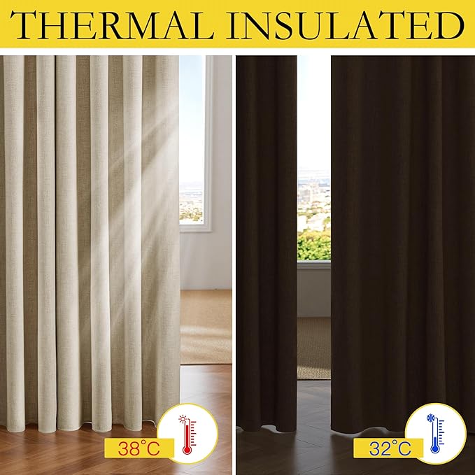 NICETOWN Cream 100% Blackout Linen Curtains 90 inch Long Burg for Living Room, 1 Pair, 62" Width Each Panel, Farmhouse Thick Completely Blackout Window Treatment Thermal Insulated Drapes