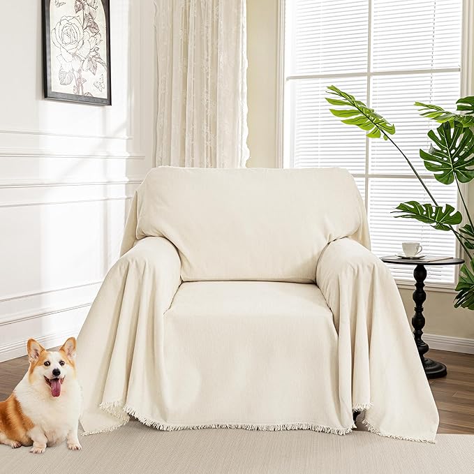 MYSKY HOME Oversized Chair Cover, Armchair Couch Cover for 1 Cushion, Washable Recliner Covers Sofa Protector with Tassel, Beige, 71"X91"