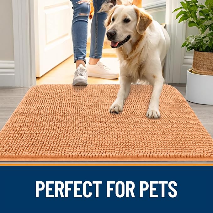 OLANLY Dog Door Mat for Muddy Paws 50x30, Absorbs Moisture and Dirt, Absorbent Non-Slip Washable Doormat, Quick Dry Chenille Mud Mat for Dogs, Entry Indoor Entryway Carpet for Inside Floor, Orange