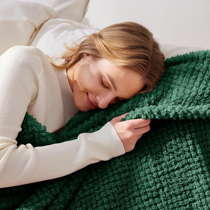 Whale Flotilla Queen Size Fuzzy Fleece Blanket for Bed, 90x90 Inch Fluffy Warm Soft Jacquard Blankets for All Season, Lightweight and Cozy, Deep Green