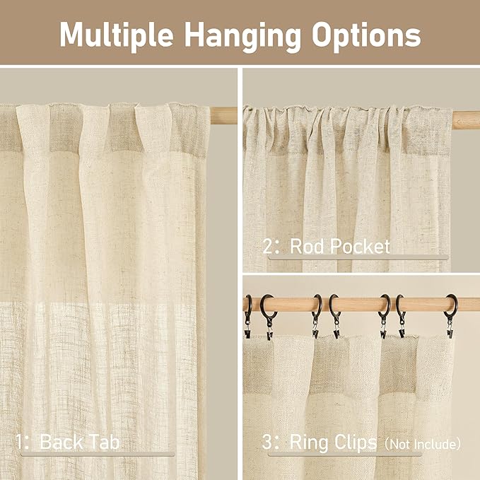 LAMIT Beige Linen Curtains 45 Inches Long for Bedroom, Light Filtering Panels Back Tab and Rod Pocket Neutral Drapes for Kitchen/Window/Loft Room, 52 x 45 Inch, 2 Panels