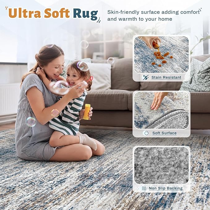 XLUEZ 10x14 Area Rugs for Living Room, Washable Modern Abstract Large Area Rug Neutral Soft Non Slip Kids Rug Stain Resistant Indoor Carpet for Bedroom Dining Room Playroom Office(BlueWhite, 10'x14')