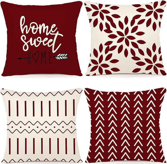 YCOLL Christmas Pillow Covers 18x18 Set of 4, Modern Sofa Throw Pillow Cover for Christmas Decor, Decorative Outdoor Linen Fabric Pillow Case for Couch Bed Car, Wine Red