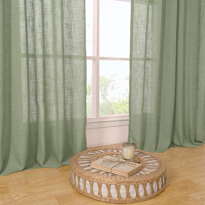 LAMIT Sage Green Linen Semi Sheer Curtains 63 Inch for Bedroom, Light Filtering Neutral Window Curtains Farmhouse Boho Back Tab and Rod Pocket Panels, 2 Panels, 38 x 63 Inch