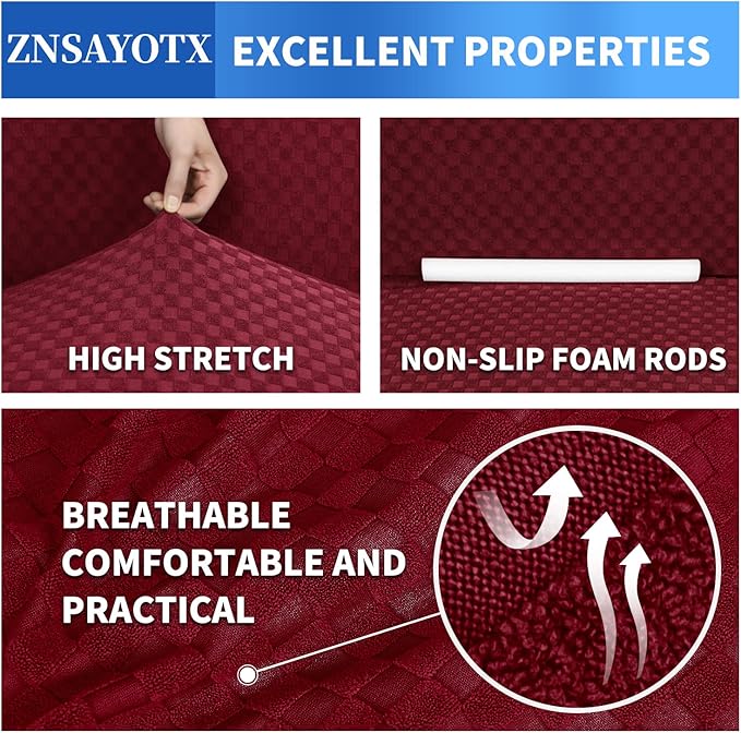 ZNSAYOTX 1 Piece Jacquard Couch Covers for 3 Cushion Couch Living Room High Stretch Sofa Cover Pets Dogs Friendly Anti Slip Thickened Slipcovers Furniture Protector (Sofa, Wine Red)