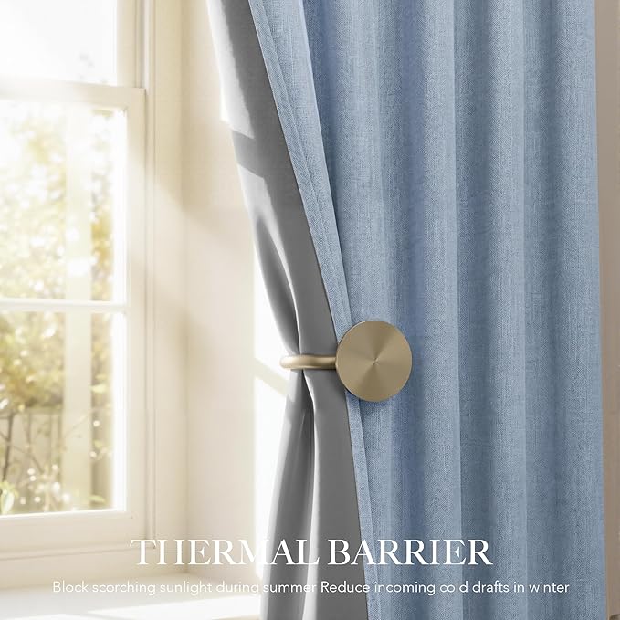 RYB HOME Linen Texture Curtains for Bedroom, 100% Blackout Thermal Insulated Curtains, Rod Pocket&Back Tab Room Darkening Drapes Luxury Decor for Living Room Nursery, W52xL108, 2 Panels, Smoky Blue