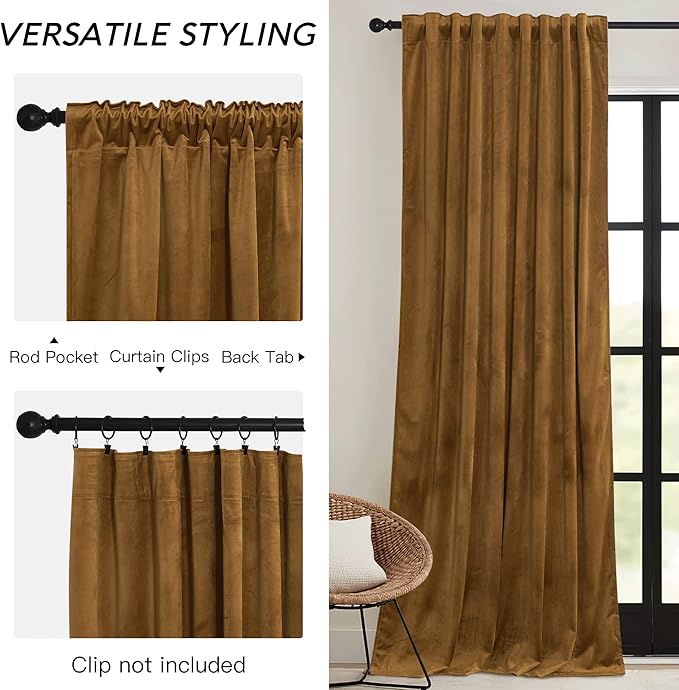 RYB HOME Gold Brown Velvet Curtains 102 inches with Hook Belt, Soft Fabric Room Darkening Thermal Insulated Luxurious Home Decor Curtains for Living Room Bedroom, W 52" x L 102", 2 Panels Set