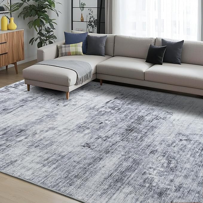 Toneed Abstract Area Rug 9x12 Modern Washable Rug Soft Non Slip Rug Low Pile for Bedroom Living Room Dining Room Grey