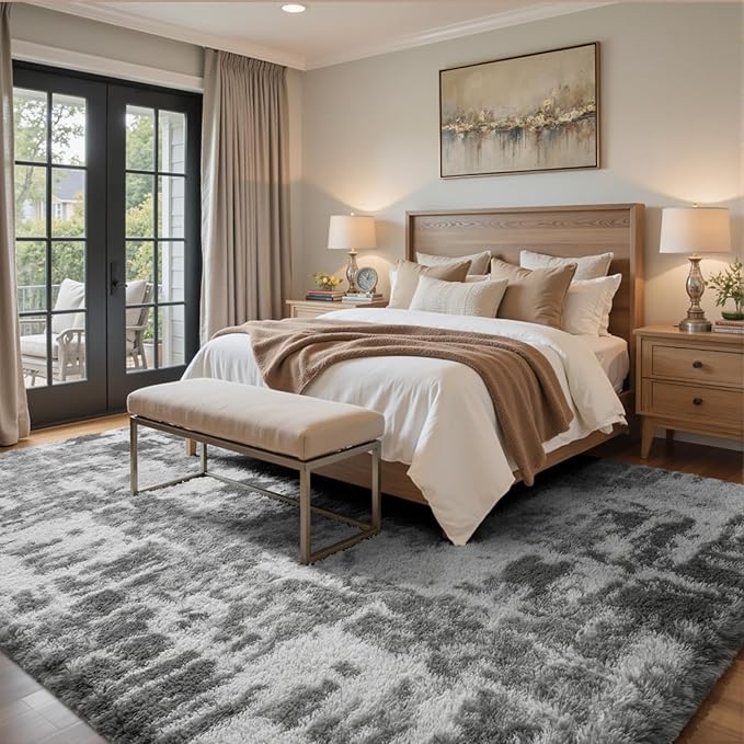 6x9 Ft Large Shag Rugs for Living Room Decor, Tie-Dyed Ultra Soft Fluffy Furry Area Rugs for Bedroom Indoor Floor, Aesthetic Carpet for Kids Home (Grey)