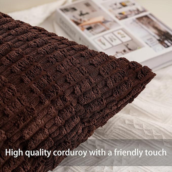 Pack of 2 Corduroy Decorative Throw Pillow Covers 18x18 InchSoft Boho Striped Pillow Covers Modern Farmhouse Home Decor for Sofa Living Room Couch Bed（Dark Brown）